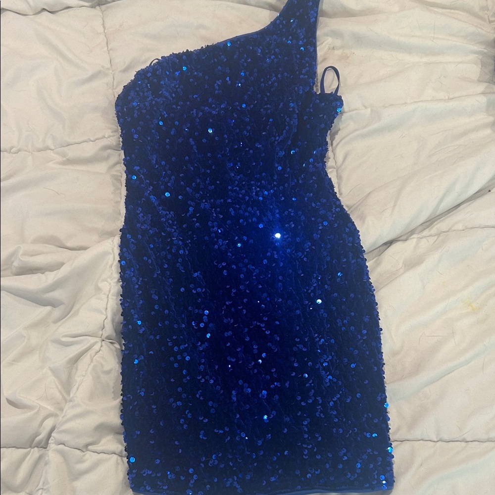Blue Sequin One-Shoulder Dress